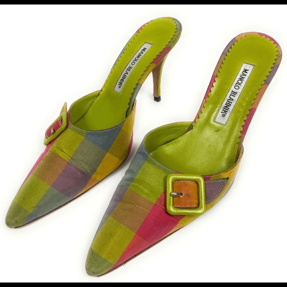 ISO Manolo Blahnik silk crepe plaid heels